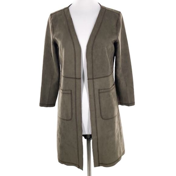 Solitaire Womens Olive Green Microsuede Open Front Jacket Coat Small New - Picture 1 of 16